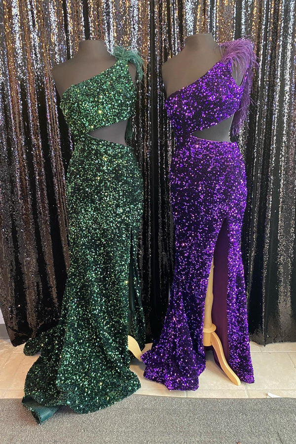 One Shoulder Purple Sequin Mermaid Long Formal Dress with Slit