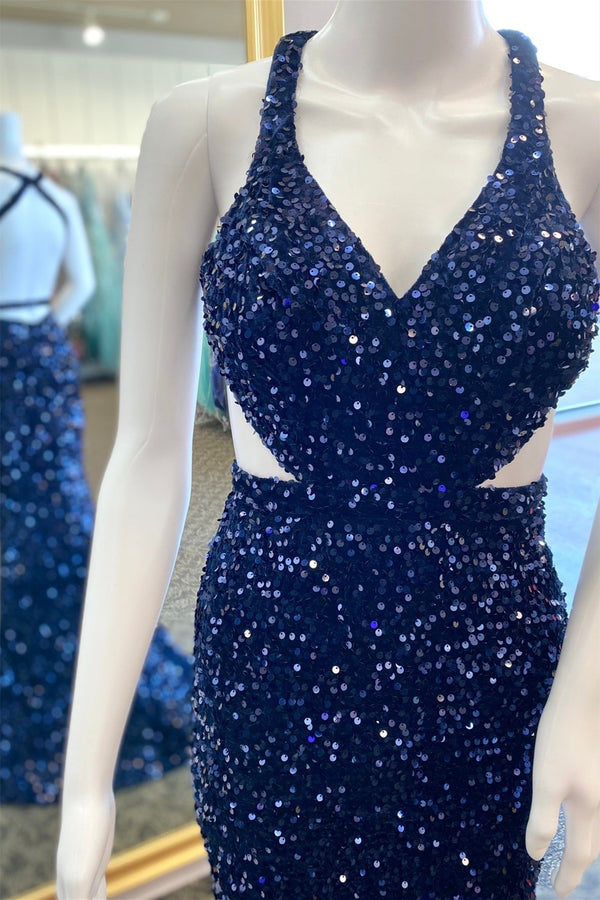 Halter Navy Blue Sequin V Neck Mermaid Long Formal Dress