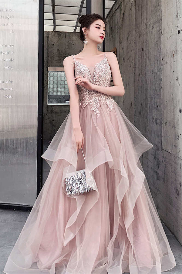 Light Champagne Lace Appliques Tulle Long Party Dress