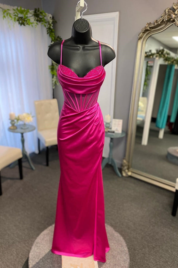 Elegant Beaded Fuchsia Satin Mermaid Long Formal Dress