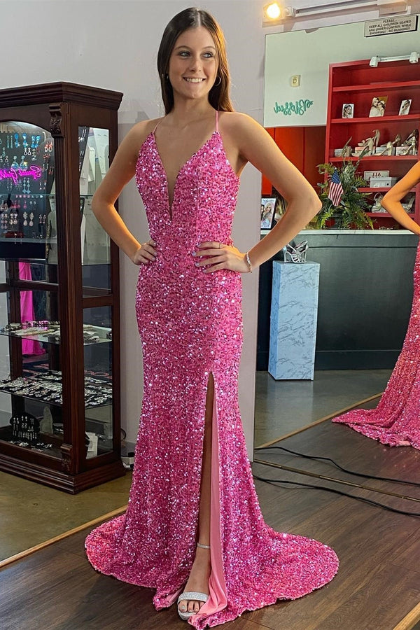 Straps Pink Sequin V Neck Mermaid Long Formal Dress