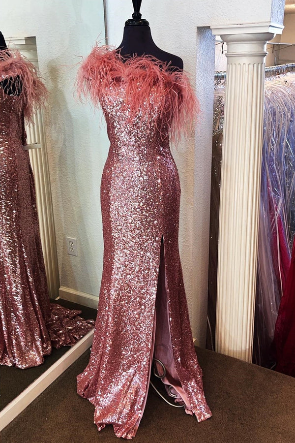 Fur One Shoulder Rose Gold Sequin Long Formal Dress