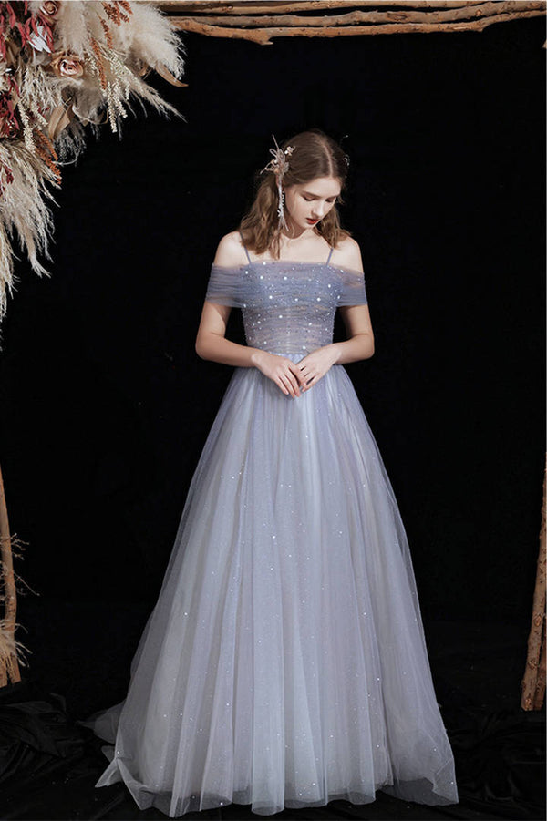 Off the Shoulder Blue Stunning Long Prom Dress