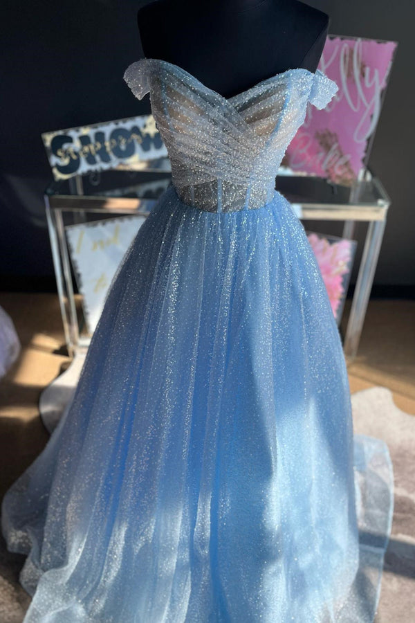 Light Blue Pleated Off the Shoulder A-line Long Formal Dress