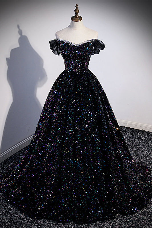 Black Sequin Off the Shoulder Long Formal Gown