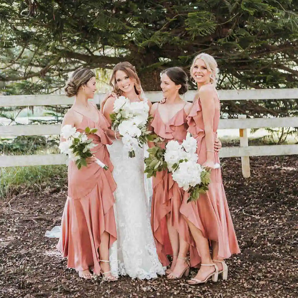 SSR1090,Elegant Peach Pink Bridesmaid Dress with Ruffles