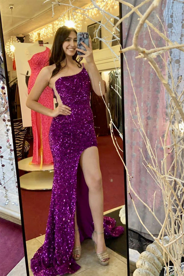 One Shoulder Purple Sequin Mermaid Long Prom Dress