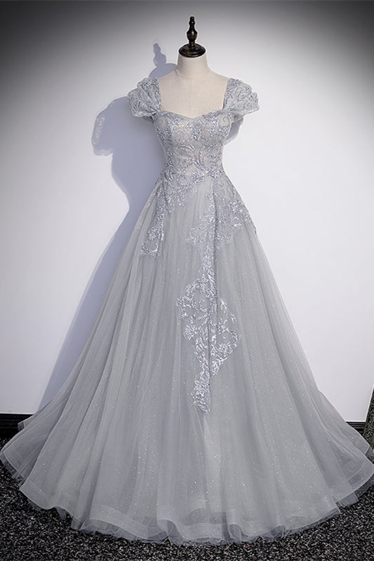 Silver A-line Long Prom Dress with Cap Sleeves