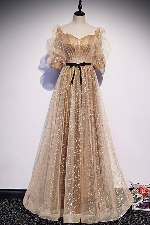 Short Sleeves Champagne A-line Long Prom Dress