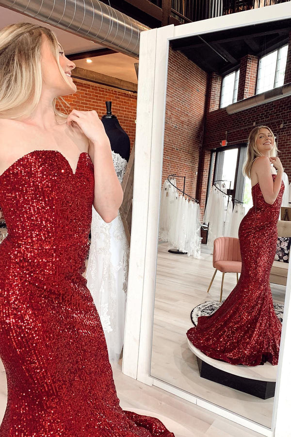 Red Sequin Strapless Mermaid Long Prom Dress