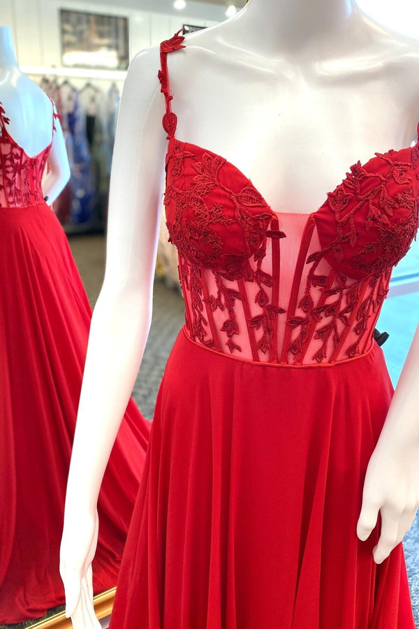 Red A-line Lace Appliques Chiffon Long Prom Dress