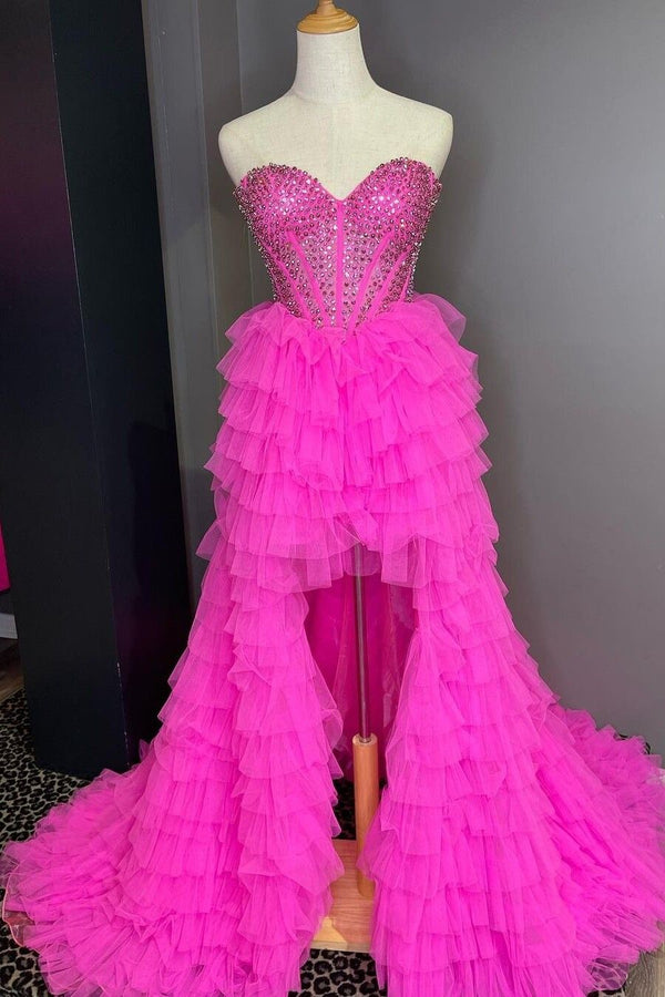 SSR1614,Princess Hot Pink Beaded Sweetheart Tulle Prom Dresses With Ruffles Skirt