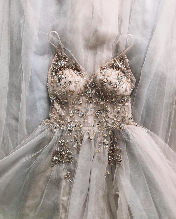 SSR0068,A-line rose gold tulle long prom dress with spaghetti straps and beaded bodice