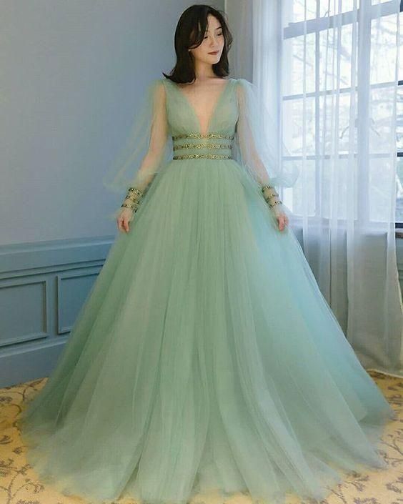 SSR1518,Mint Green Long Prom Dresses,V-Neck Tulle Evening Formal Dress