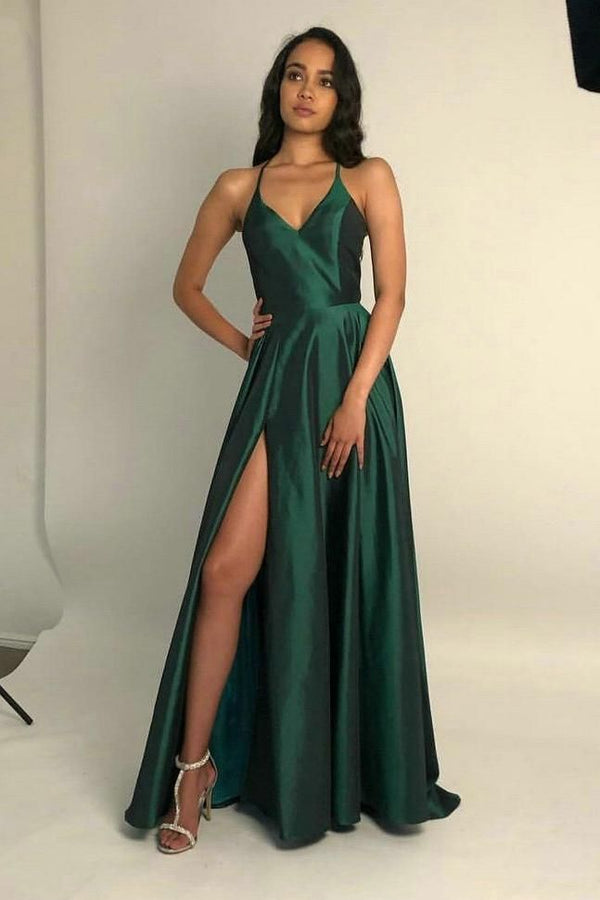 SSR0591,Green spaghetti straps long prom dress satin evening formal dresses side slit party dress