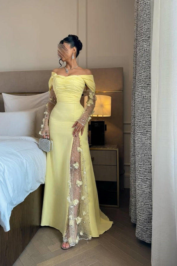 Light Yellow Split Off-The-Shoulder Prom Dress ssr0315