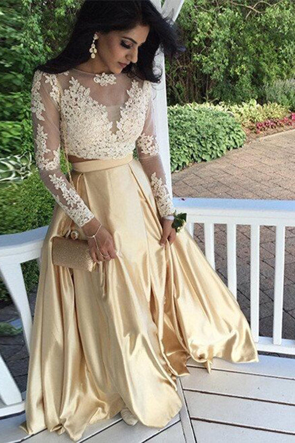 SSR1009,Charming gold two pieces long sleeves prom evening dresses