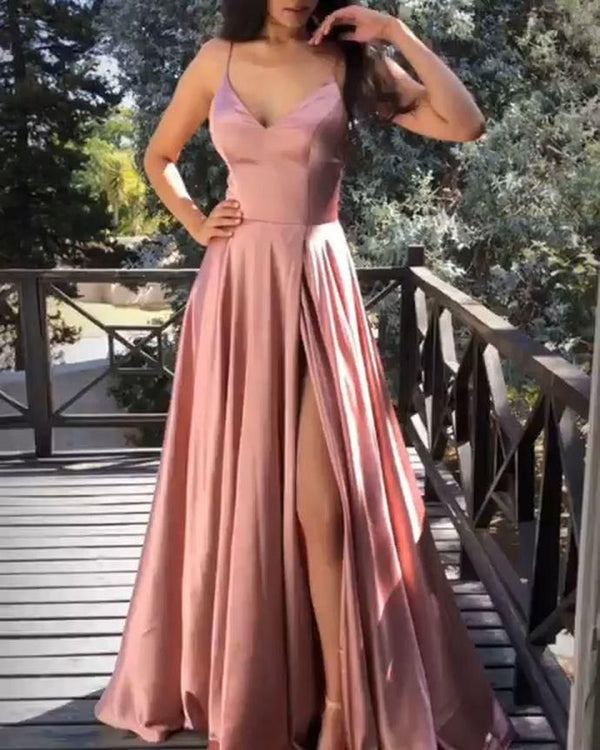 SSR0157, Discount Charming pink satin prom dresses spaghetti straps V-neck long evening dresses with side slit