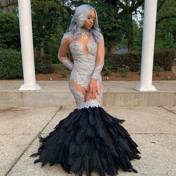 SSR0187,High Neck Sheer Long Sleeves Mermaid Prom Dresses with Feathers
