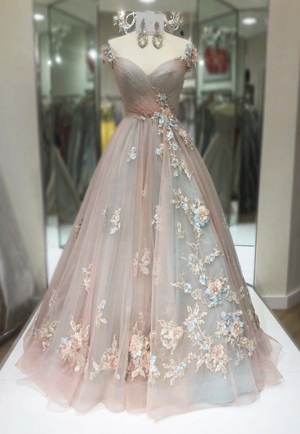 SSR1015,Off the shoulder tulle pleated applique floral beaded long prom evening dresses a-line formal party dress