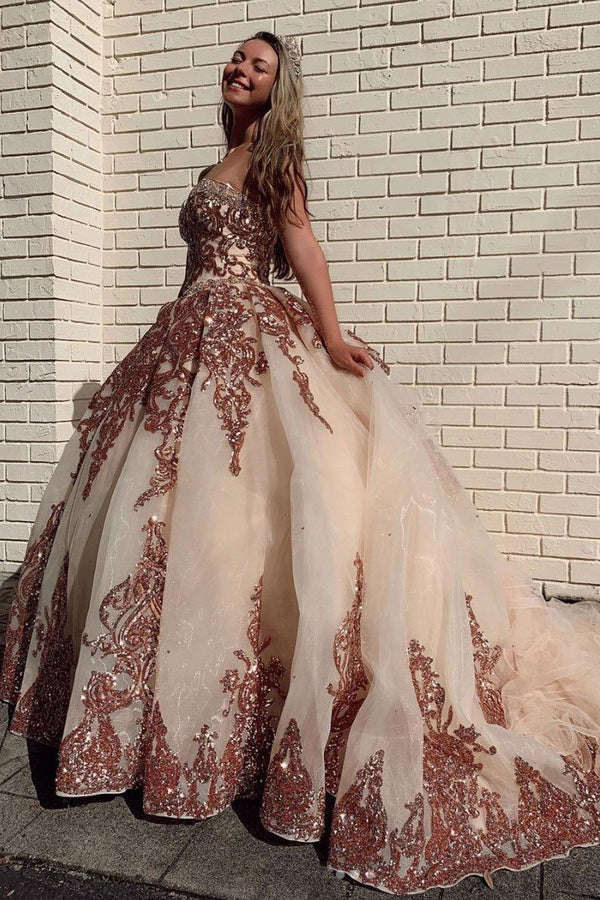 SSR0854,Glamorous champagne sweetheart sequins long prom gown,tulle evening dress,lace up back formal dress