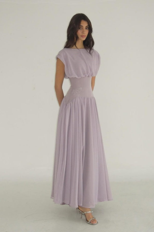 Lilac Chiffon Summer Bateau Sleeveless Prom Dress ssr0652
