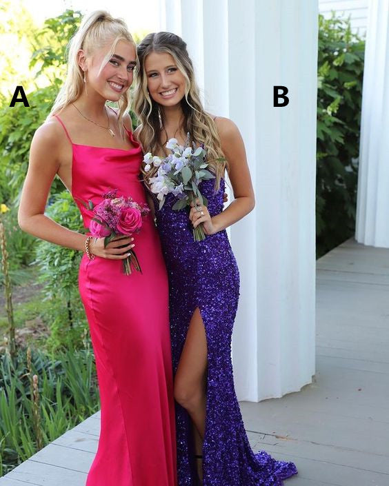 SSR0813,Style B Purple sequin long prom dresses side slit mermaid evening dress