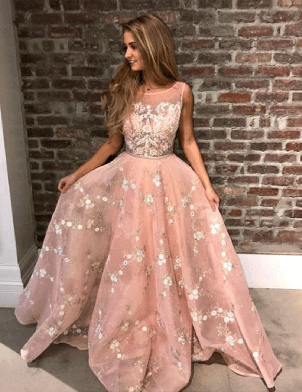 SSR0754,Blush pink chiffon embroidery prom evening dresses