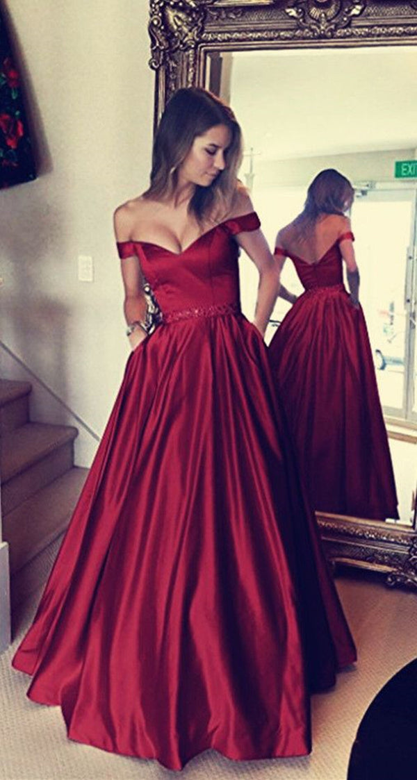 SSR0764,Red off the shoulder beaded a-line satin prom dresses long formal gown