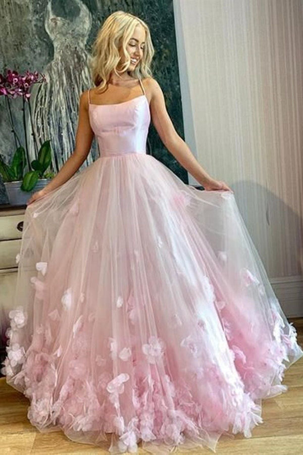SSR0207,Lovely pink tulle long prom dress floral evening dresses
