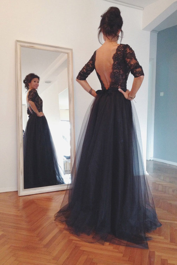 SSR0713,Black lace prom dresses beaded open back long evening prom dress long sleeves a-line tulle black party dress