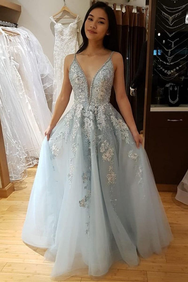 SSR0930,A-Line V-Neck Spaghetti Straps Light Blue Prom Dresses,Long Formal Dresses With Applique