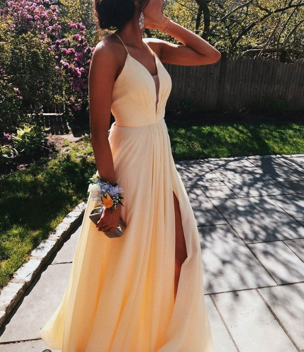 SSR0257,Yellow Prom Dress Slit Skirt Evening Gown Graduation Party Dress Formal Dress Dresses For Prom