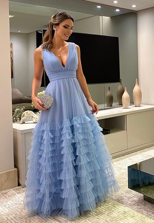 SSR0592,Sexy Prom Dress Blue Tulle Evening Dresses V-Neck Long Prom Dress Ruffles Party Dresses
