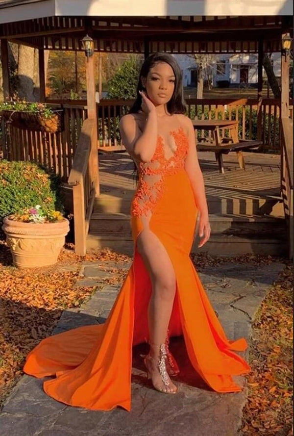 SSR0390,Charming orange mermaid long prom dress applique evening dresses