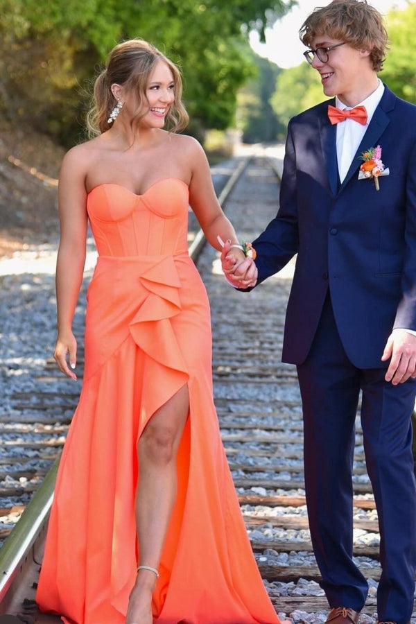 Deena | Sweetheart Orange Mermaid Long Party Dress with Slit