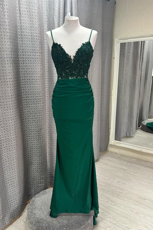 Straps Dark Green Appliques Mermaid Formal Dress