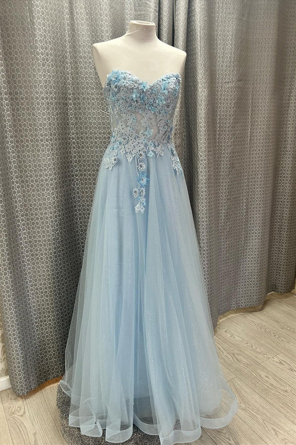 Sweetheart Light Blue Appliques Long Prom Dress