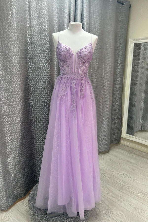 Lavender Lace Appliques A-line Prom Dress