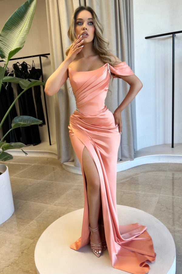 Pearl Pink One-Shoulder Split Pleated Prom Dress ssr0281
