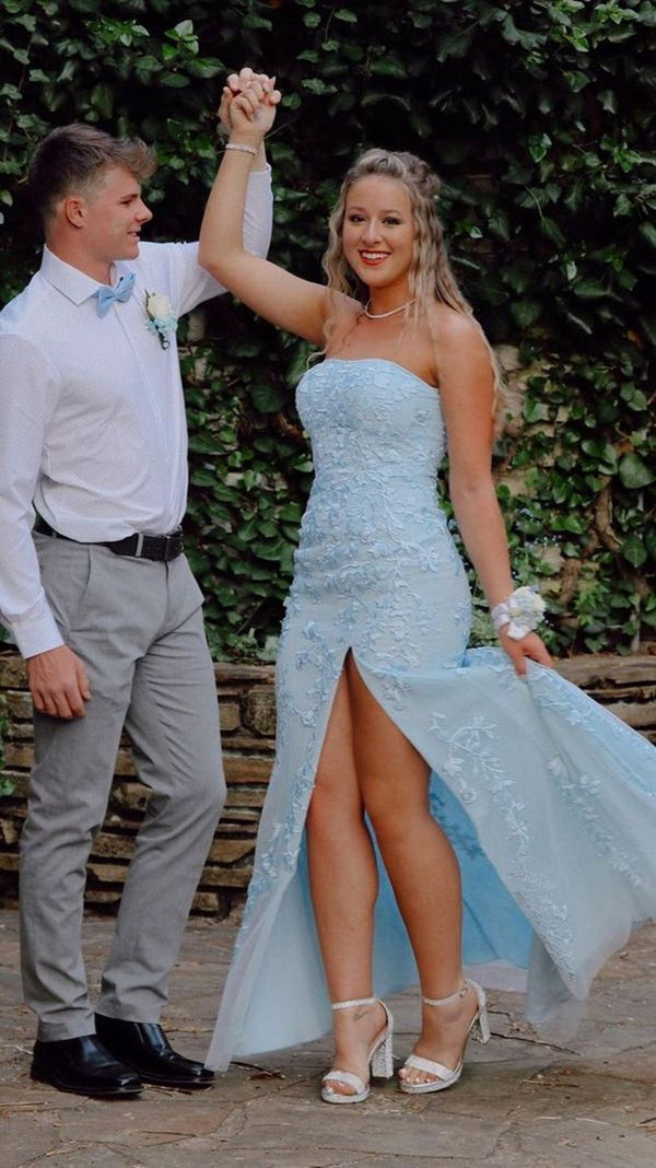 SSR0843,Princess Light Sky blue Formal Dress Lace Appliques Prom Dresses Mermaid Lace Split Evening Dresses
