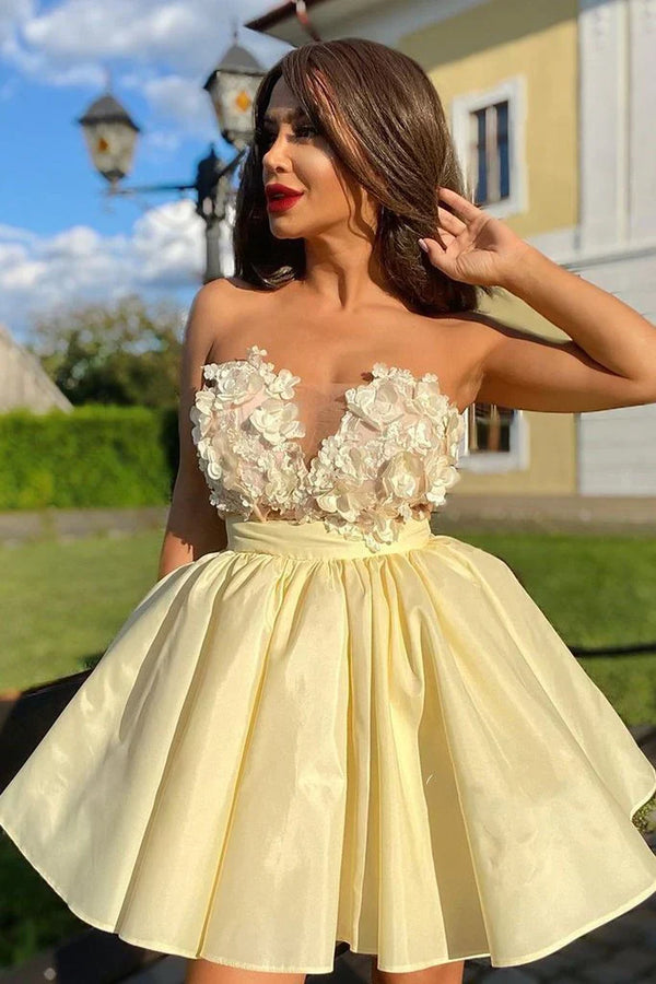 SSR1425,Cute Strapless Yellow Satin Short Homecoming Dress with Flowers