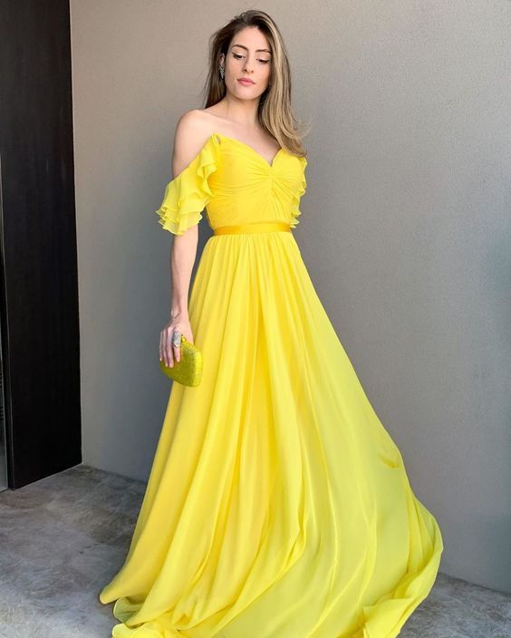 SSR1189,Charming A Line V Neck Daffodil Chiffon Long Prom Dresses,Wedding Party Dresses,Yellow Chiffon Evening Dresses