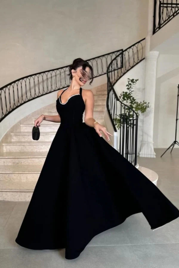 Elegant Black Halter Beaded Prom Dress ssr0321