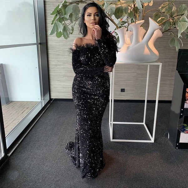 SSR1331,Black off the shoulder feather sequined long prom evening dresses