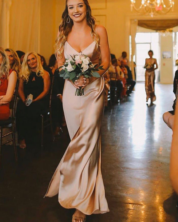 SSR0655,Elegant Sheath V Neck Light Champagne Silk Satin Long Bridesmaid Dresses with Front Slit