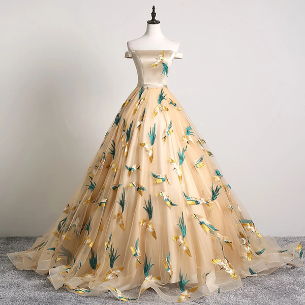 SSR1015,Elegant off the shoulder gold tulle prom dresses embroidery classic evening formal dress