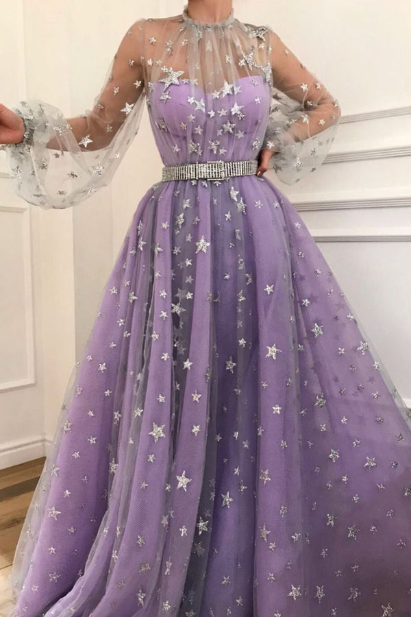 SSR0418,Sparkly A Line High Neck Floor Length Long Sleeve Star Lace Lilac Long Tulle Prom Dress
