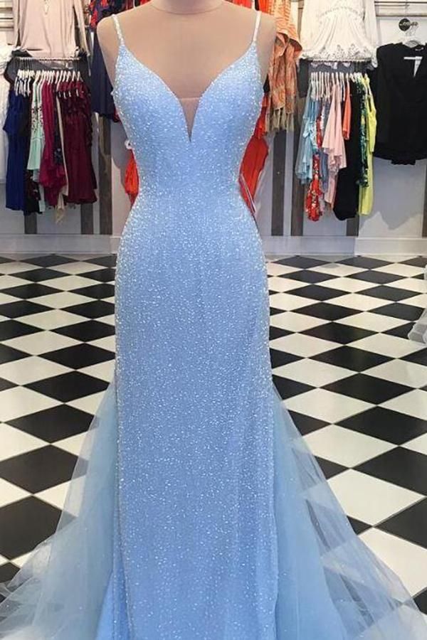 SSR0232,Light blue spaghetti straps long prom dresses