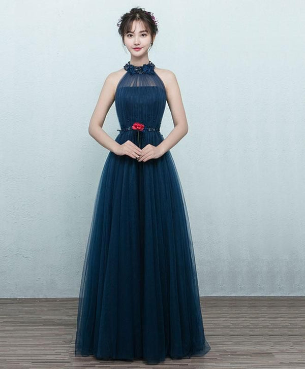 SSR0344,Navy Blue Tulle Prom Dresses Sheath Sleeveless Halter Prom Dress